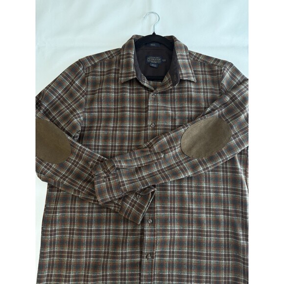 Pendleton Trail Button Shirt USA Virgin Wool Plaid Flannel Elbow Patch L Brown e - Picture 1 of 7